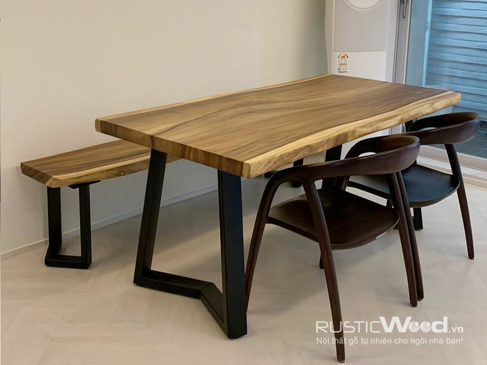Bộ bàn ăn gỗ nguyên tấm + 1 băng ghế + 2 ghế neva 140x80x5cm ...