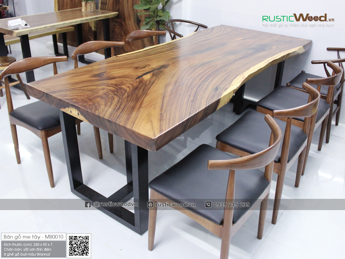 Bàn ăn gỗ nguyên khối tự nhiên + 8 ghế 230x92cm - Rustic Wood